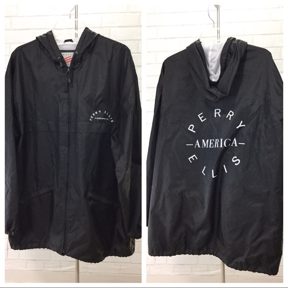 Perry Ellis Other - Perry Ellis Large Windbreaker Spell Out Black Hood